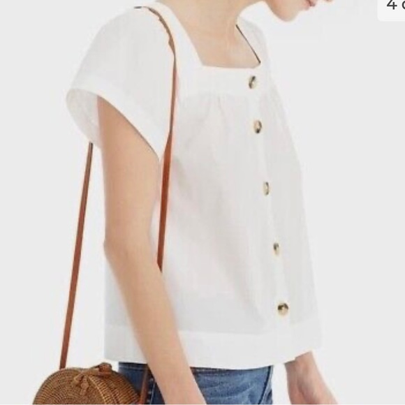 J.Crew Factory Short Sleeve White Blouse Button Detail Front Square Neck Large - Picture 6 of 6